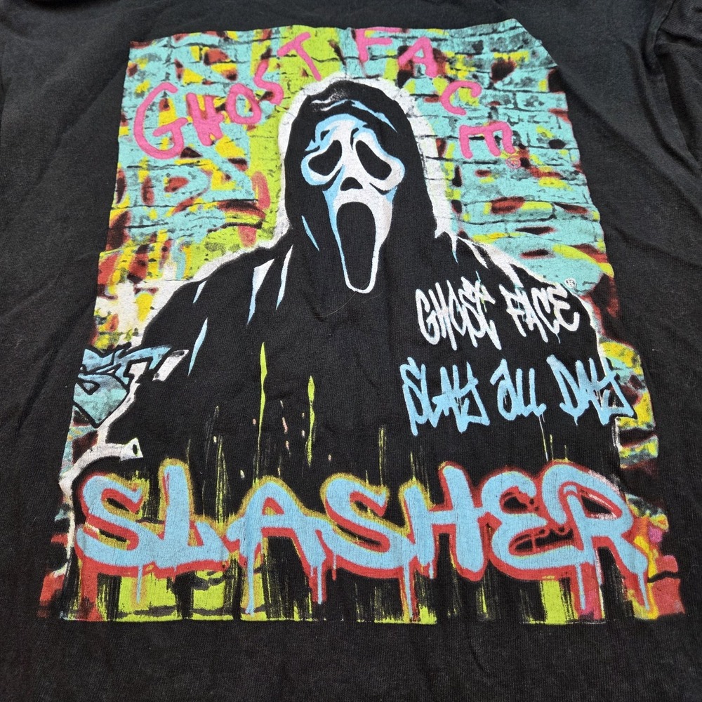 Ghost Face T Shirt Mens L Slasher Slay All Day Graffiti Graphic Cotton Black Tee